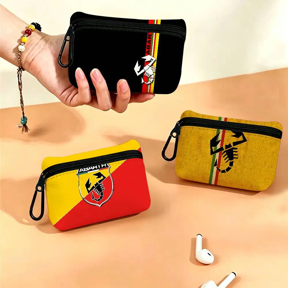 A-Abarth Mini Oxford Cloth Coin Purse With Carabiner Hook Portable Key Card Wallet Small Zipper Storage Pouch