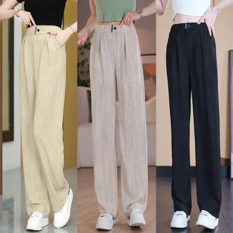 Summer and Autumn Slim Fit High Waist Loose and Thin Styles Retro Style Casual Hanging Straight Leg Pants for Women