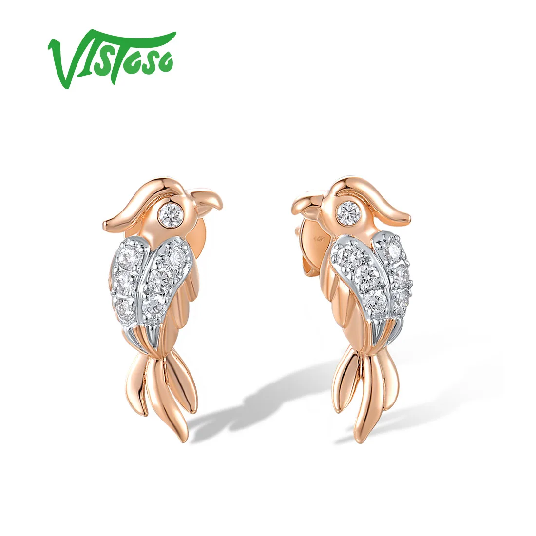 

VISTOSO Genuine 14K 585 Rose Gold Stud Earrings For Women Sparkling Diamond Bird Earrings Delicate Cute Trendy Fine Jewelry