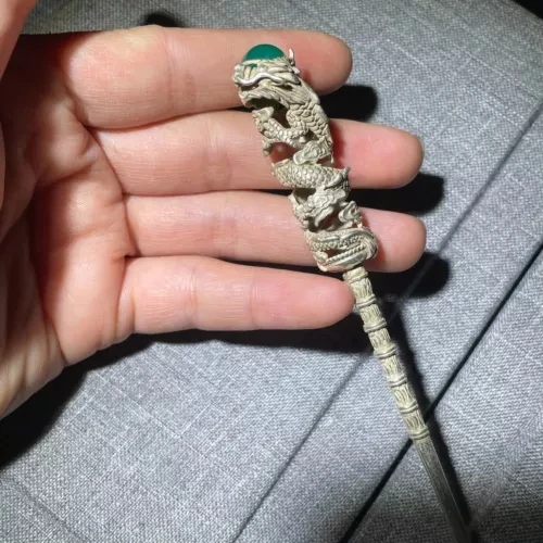 Classical Chinese style Tibetan silver dragon play bead hairpin inlaid with jade hairpin