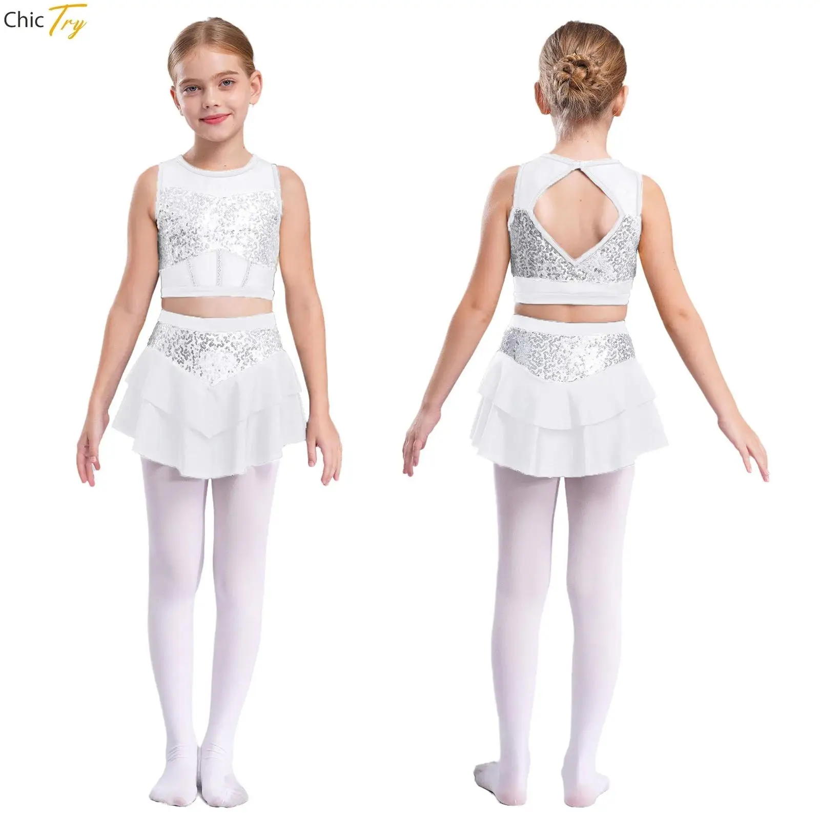Menina cheerleading dancewear outfit brilhante lantejoulas hip hop jazz dança traje sem mangas colheita superior com saia em camadas conjunto desempenho