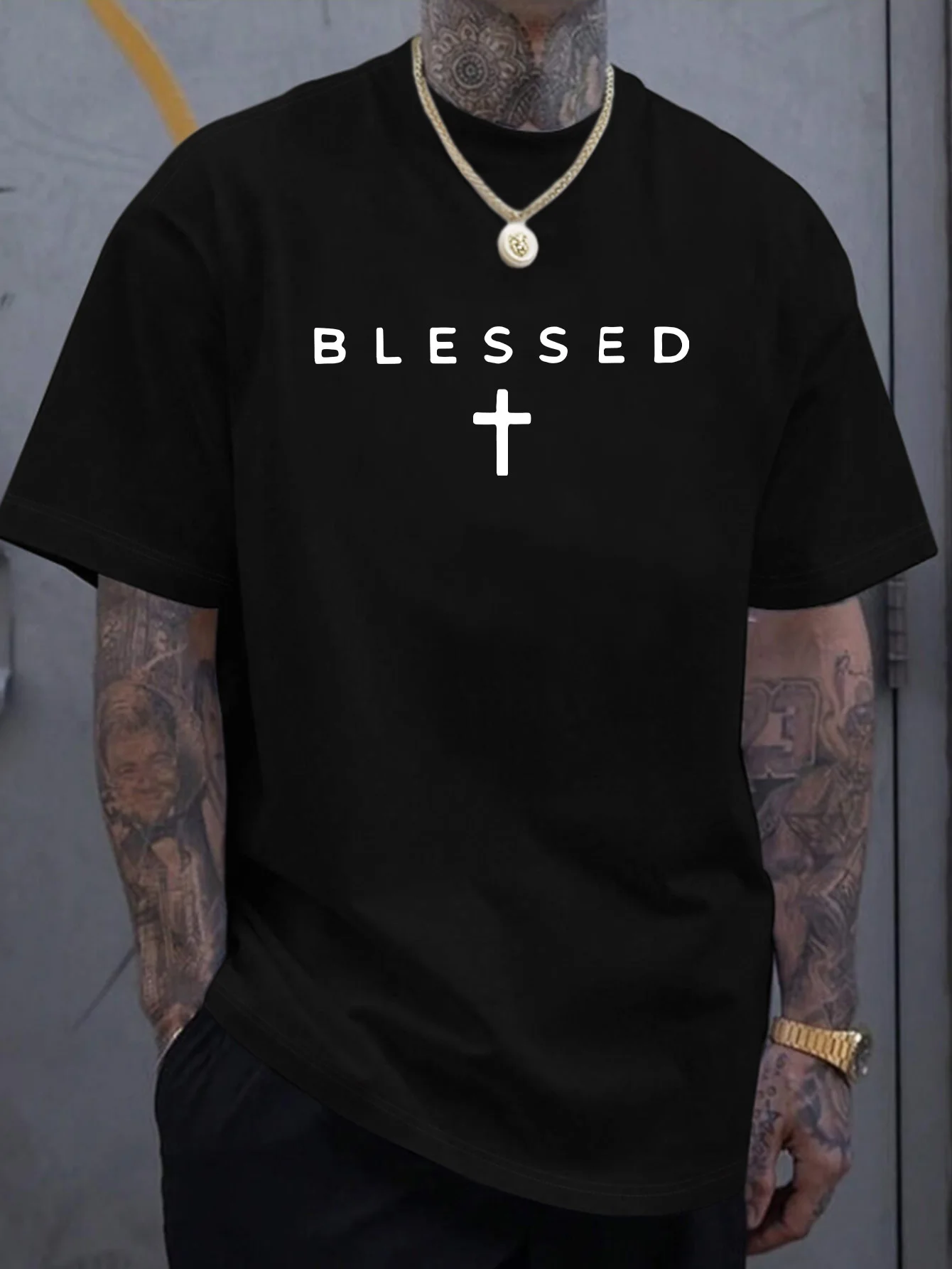 100% Cotton Men's Casual Loose Breathable Fashionable Blessed Cross Print Comfortable Sports Short-Sleeved Round Neck T-Shirt