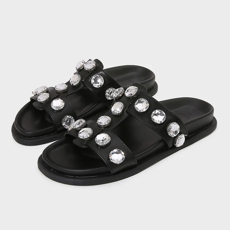 

women's shoes 2024 summer new arrivals: black rhinestone embellished fashion flat casual sandals, chunky platform thong sandals
