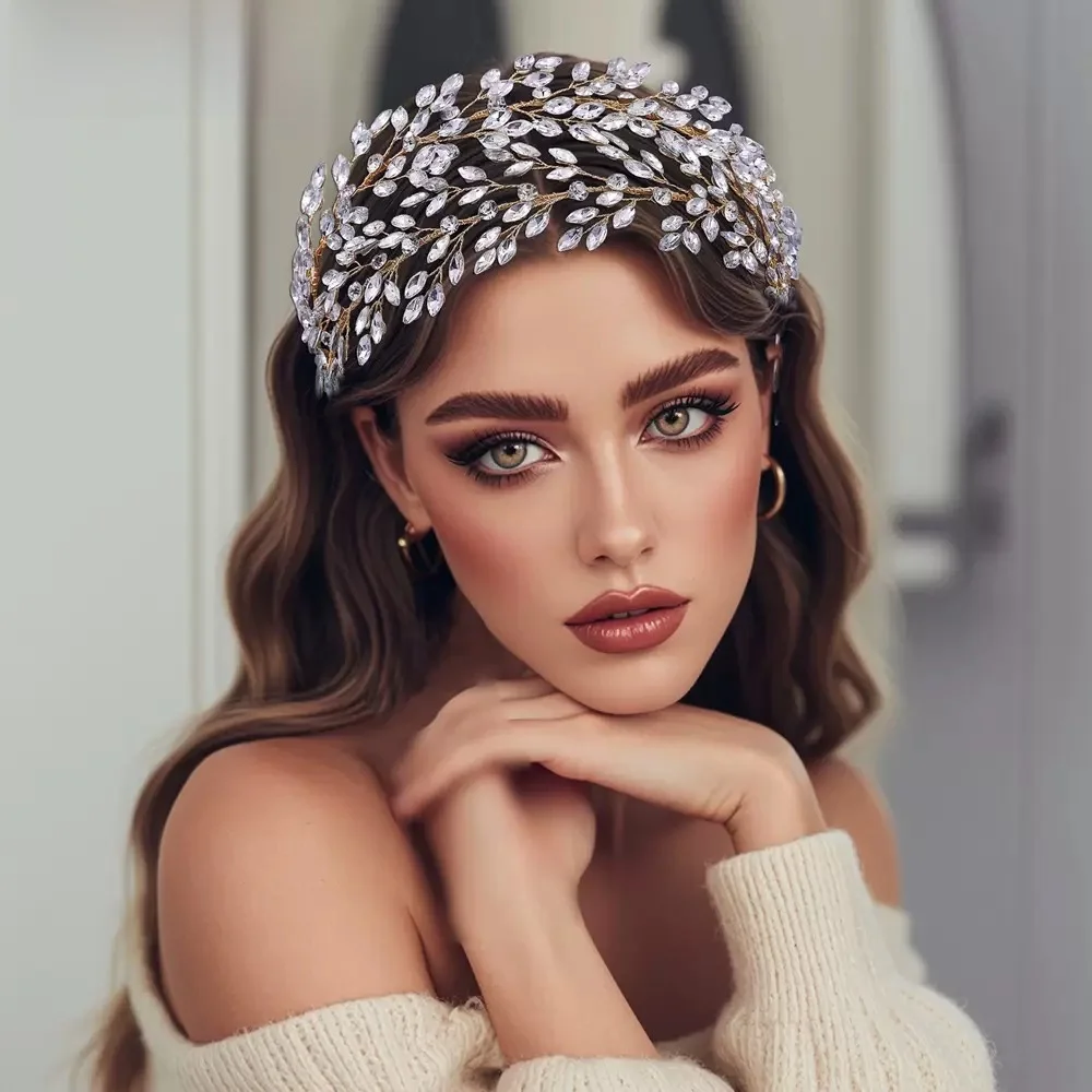 

Милый головной убор невесты со стразами, повязка на голову с блестящими листьями для фотосъемки во французском стиле, свадебные аксессуары ручной работы для волос, украшения для волос