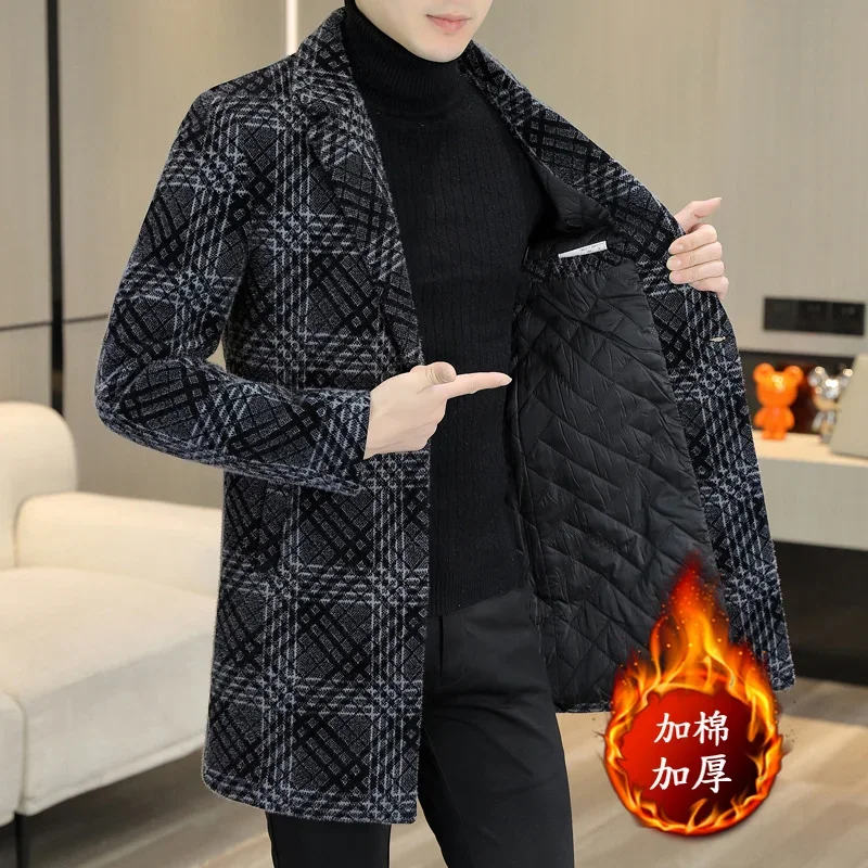 

British Plaid Mens Wool Trench Coat Winter Thickening Men's Woollen Windbreaker Single Breasted Long Jacket Abrigo Largo Hombre