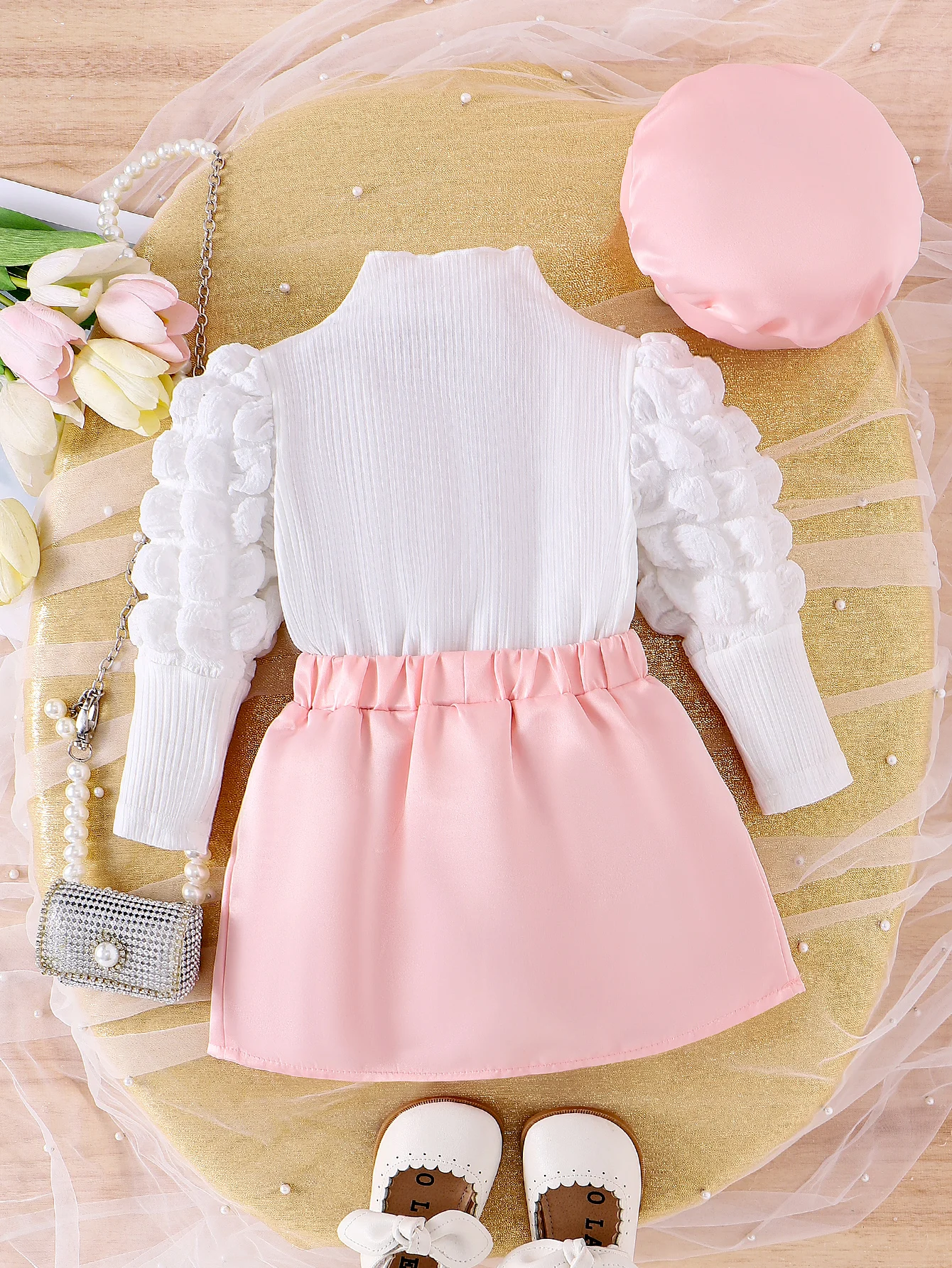 3PCS Autumn New Style For 0-3 Year Old Girls Comfortable Sweet Bubble Sleeve Top + Pink Pleated Skirt + Hat Set