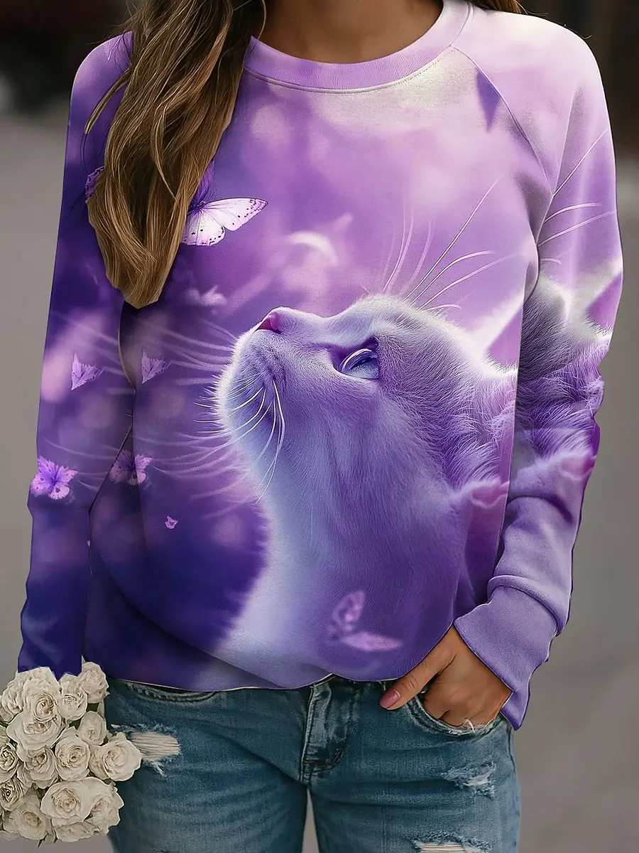 Herfst Leuke Kat Grafische Sweatshirts Dier 3D Print Vrouwen Raglan Lange Mouwen Hoodie Y2k Trui Harajuku Tops Vrouwelijke Kleding