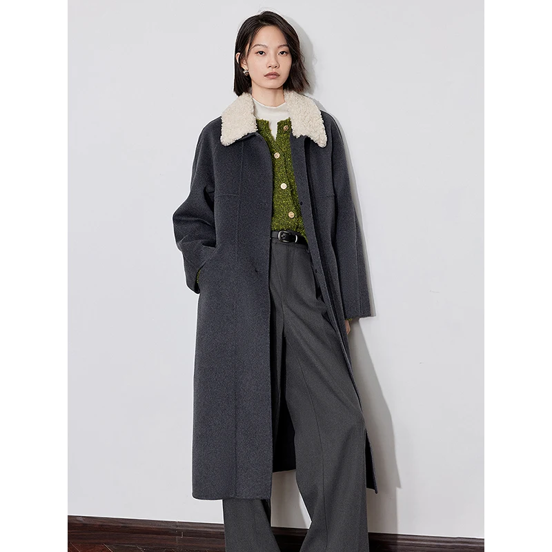 TOYOUTH Women Double Sided Woolen Coat 2024 Winter New Plush Lapel Collar Straight Long Coat