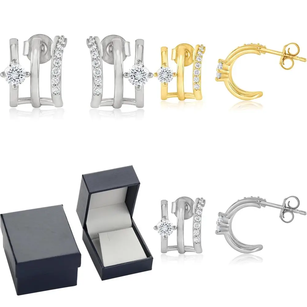 

Round Cut Lab Grown Diamond Triple Huggie Illusion Stud Earrings, Sterling Silver or 14K Yellow Gold Plated, High Quality Earrin