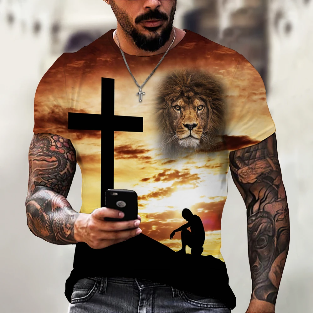 Jesus Pattern Lion 3D Printed Summer Men's O-Neck T-Shirt Casual Short Sleeve Oversized Pullover Fashion Streetwear Men Clothing