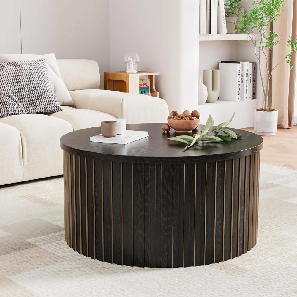 طاولة قهوة مع مساحة تخزين، طاولات قهوة مستديرة للمزرعة مقاس 31.5 بوصة لغرفة المعيشة، طاولات مركزية خشبية حديثة مع