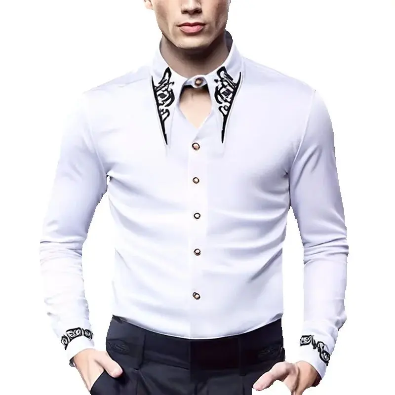 

New Fashion Design Men's Long Sleeve Shirt European and American Palace Embroidered Shirts Male Casual Social Party Nightclub