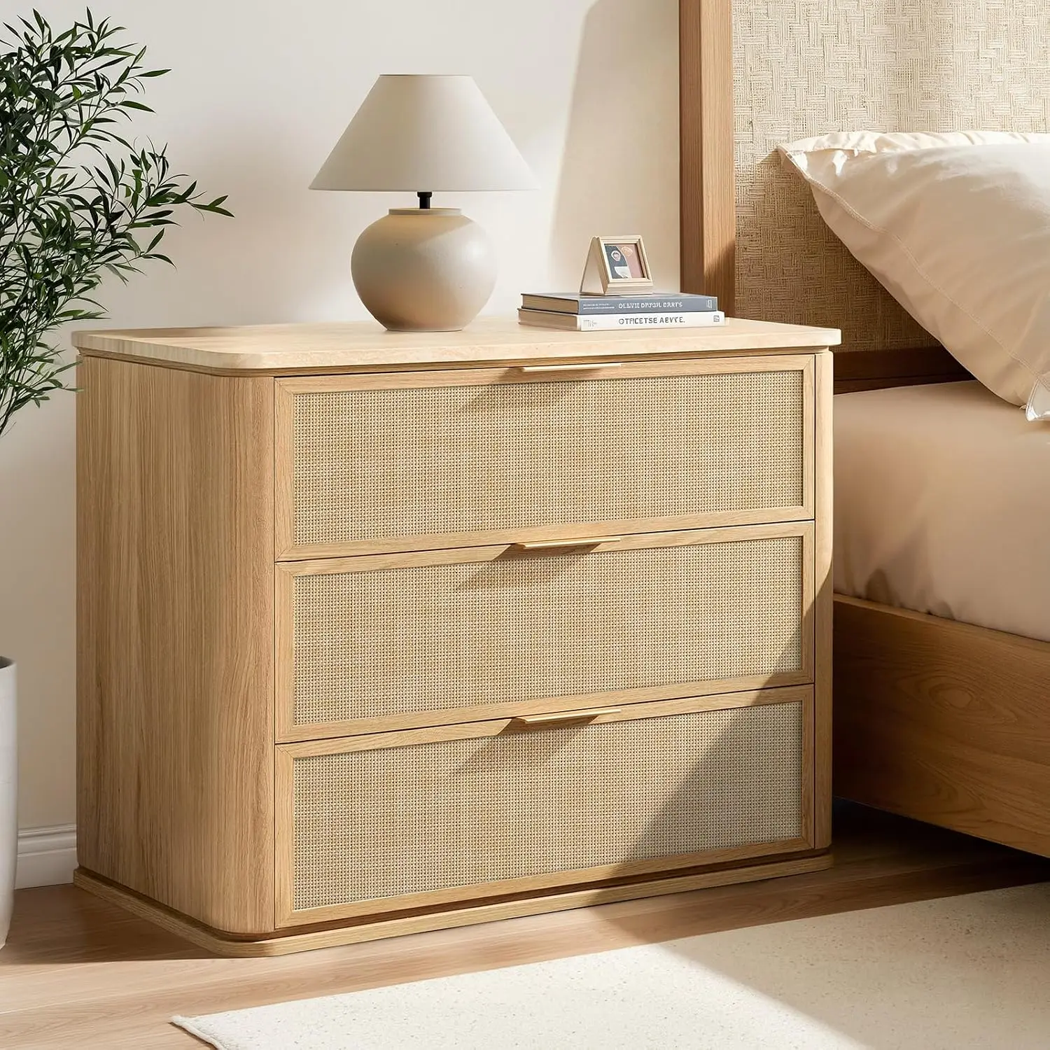 Rattan Nightstand with 3 Drawers, 30.71