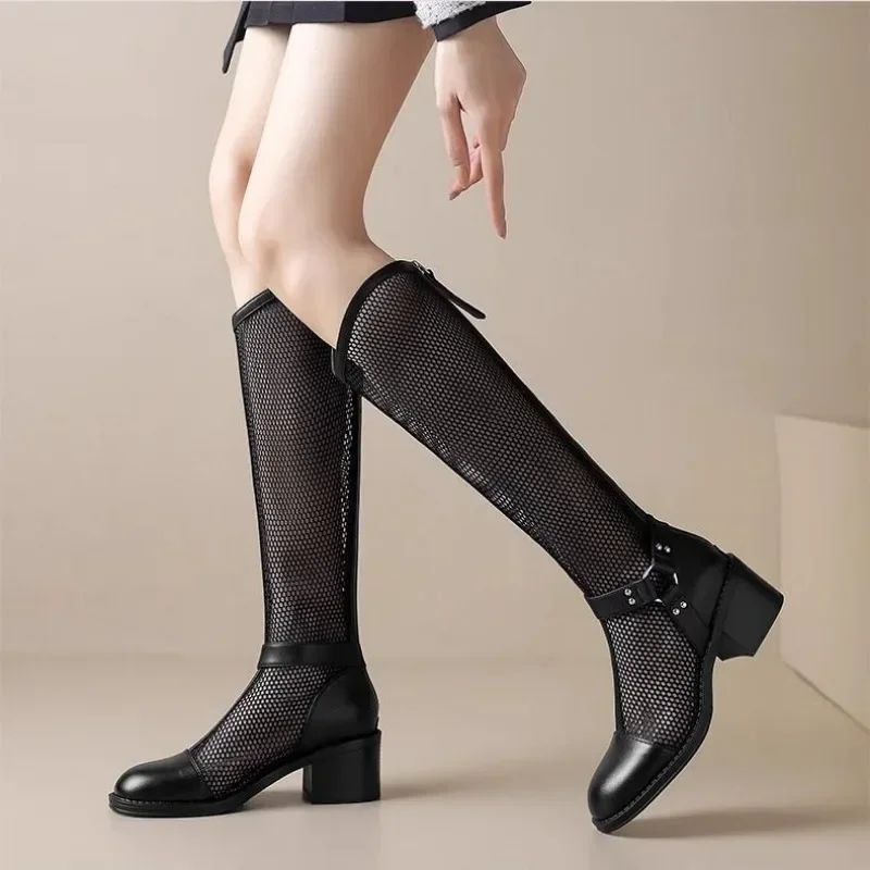 Mesh Hollow High Heels Women Cool Boots Sandals Sexy Knee High Shoes Summer Dress Fashion Breathable Pumps Zapatillas De Mujer