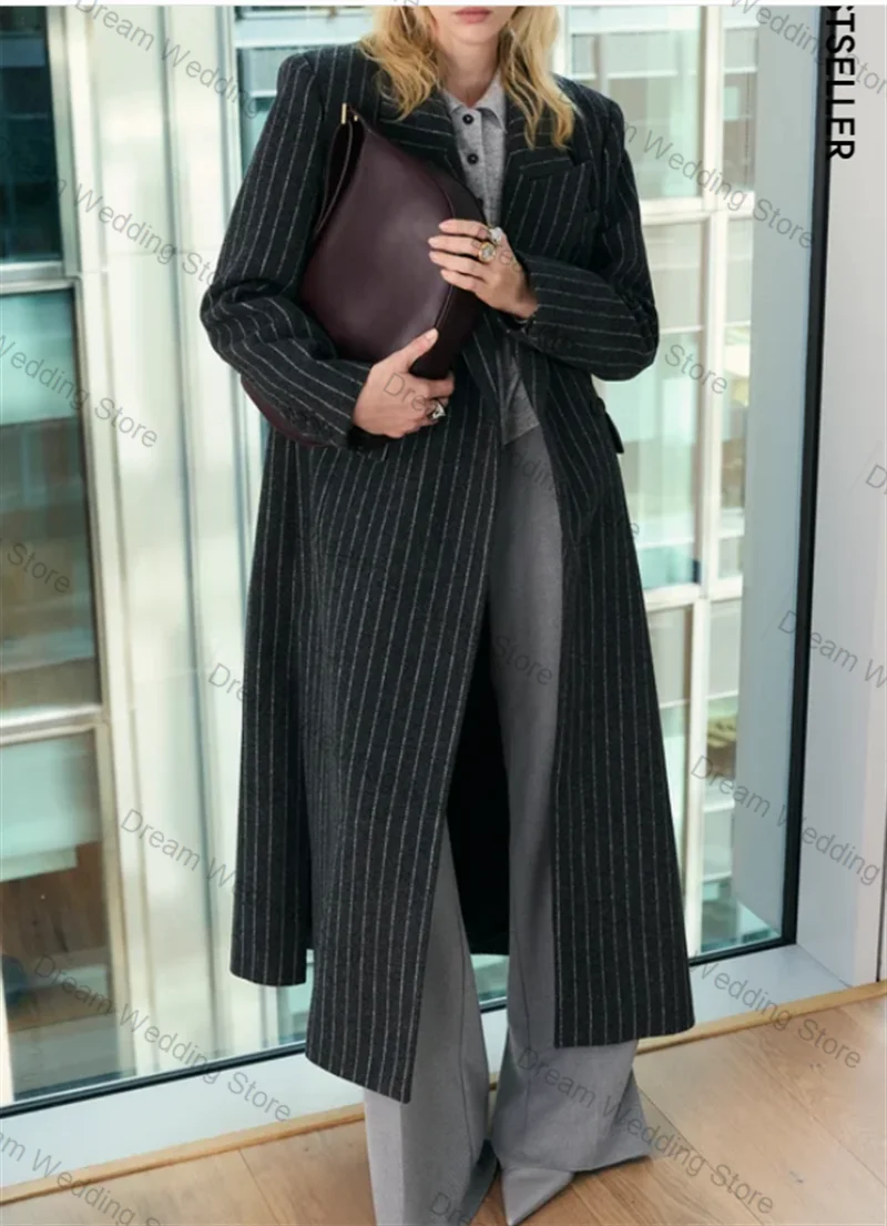 

Cashmere Black Stripe Women Suit 1 Pcs Long Blazer Wool Prom Dress Formal Office Lady Jacket Customized Guest Wedding Coat