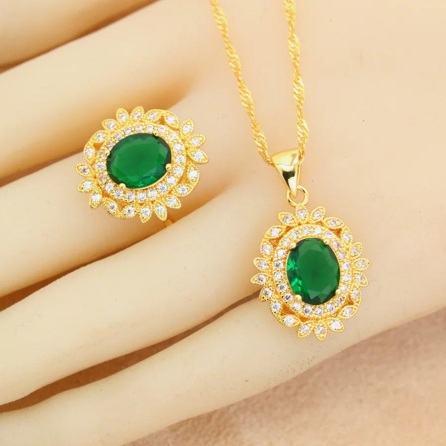 18K Gold Plated Bridal Jewelry Sets for Women Zirconia Earrings Necklace Pendant Ring Wedding Gift