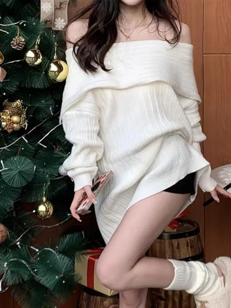 

Осень-зима, корейский однотонный универсальный короткий вязаный топ с открытыми плечами, женский пуловер с длинными рукавами, модный модный популярный