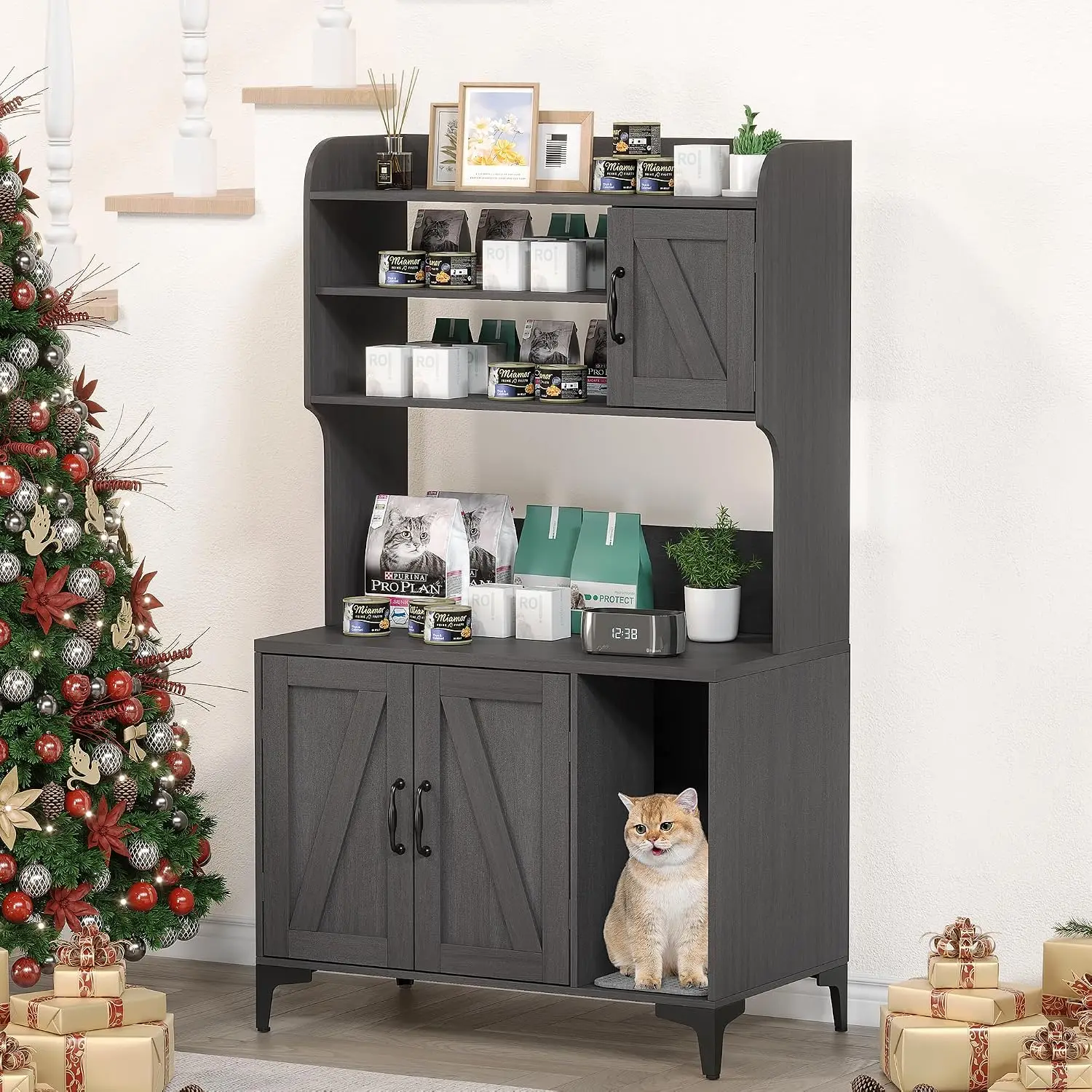 Garvee Cat Litter Box Enclosure Hidden Litter Box Cabinet Furniture with Cat Litter Mat Pad Storage Layer and Indoor Cat House for Hallway Bedroom and Living Room