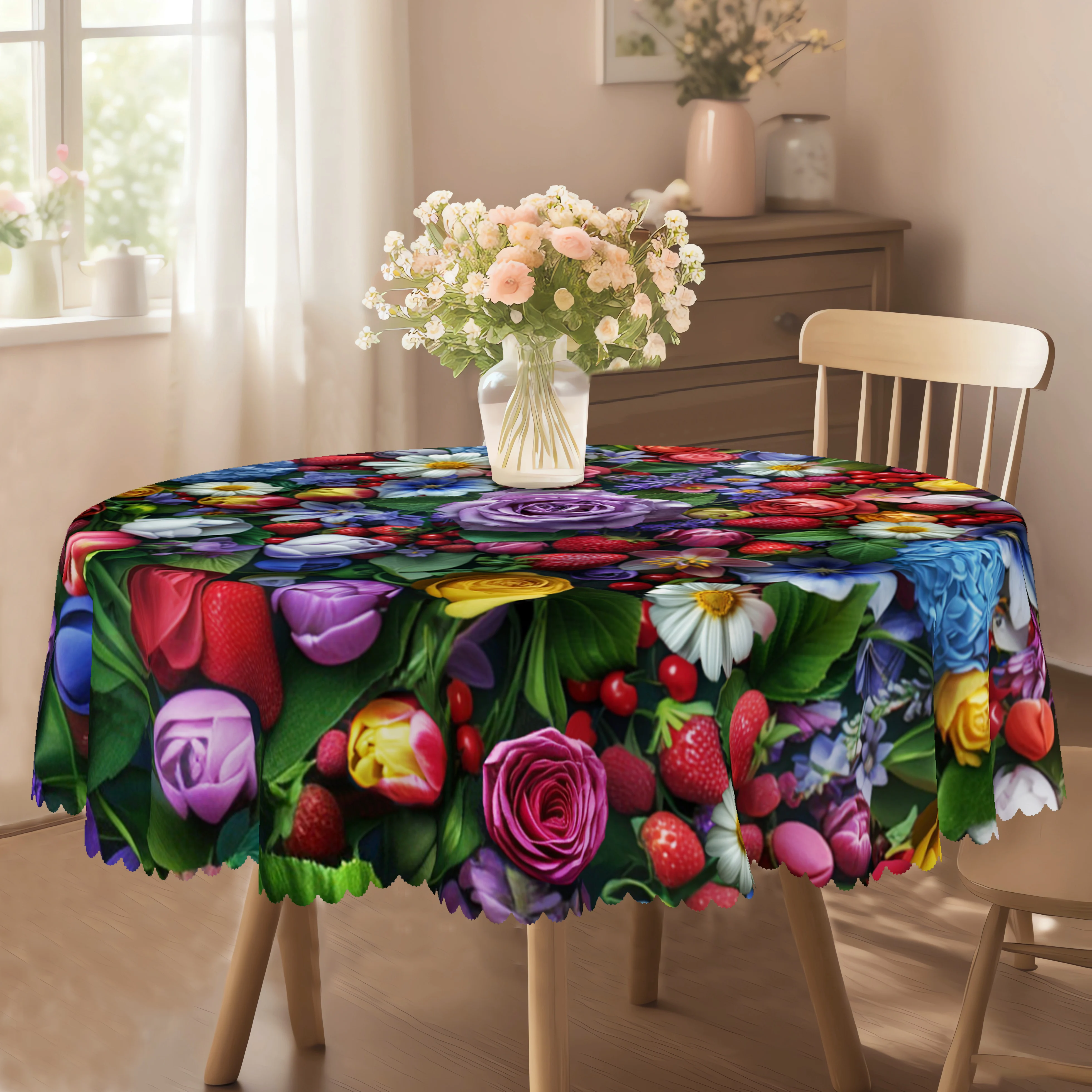 1 Piece of Spring Floral Round and Rectangular Tablecloth, Available in Various Sizes, 3D Rose Flower Print Pattern Design, French Retro, Spring and Summer, Suitable for Kitchen, Indoor and Outdoor Picnic Tablecloths