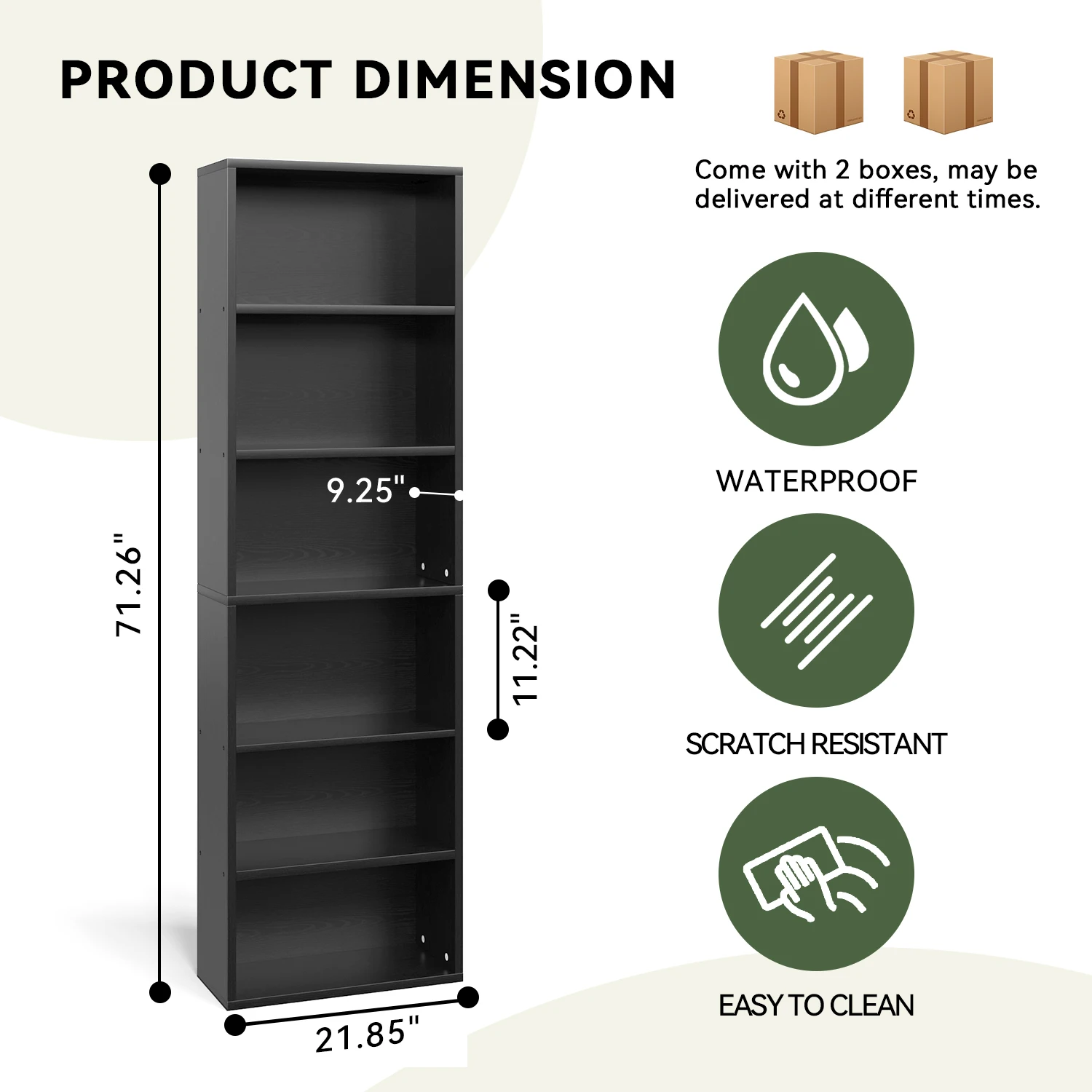 Aoxun Wood Bookshelf ,6 Storage Shelves, Freestanding Display for Living Room, Bedroom, Home/Office Library, Child Room, Black