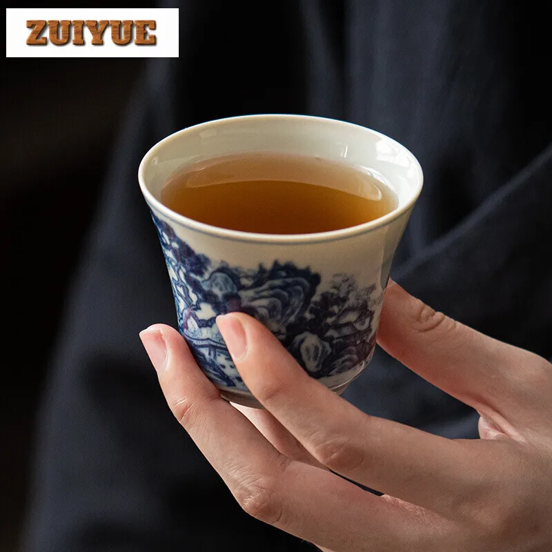 100ml Hand Painted Landscape Ceramic Teacup Handmade Blue and White Master Cup Tasting Tea Bowl Mug Kung Fu Tea Set Drinking