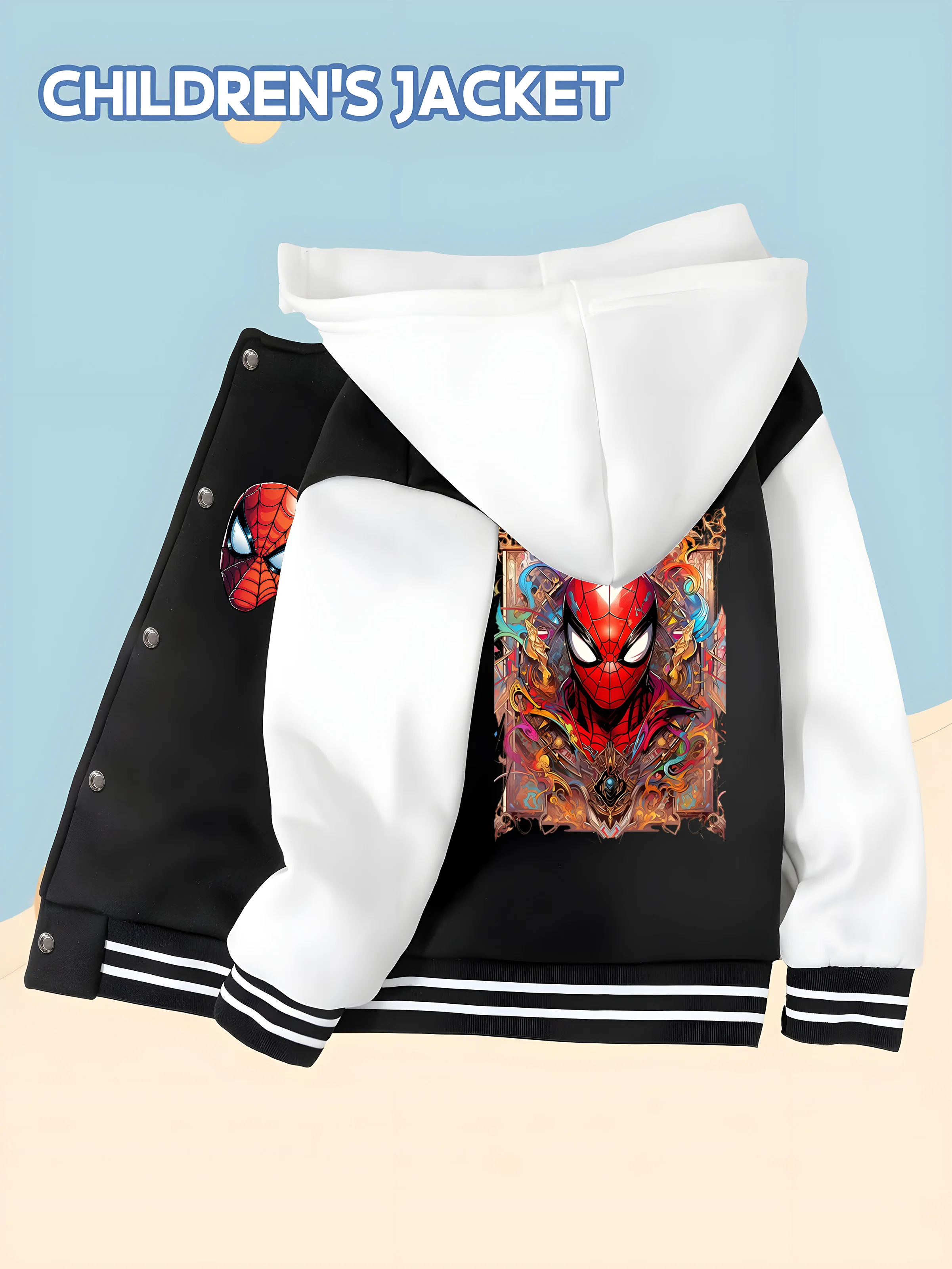 

MINISO Marvel Spider-Man boys' baseball jacket with artistic print, hooded baseball style, fashionable and childlike comfortable