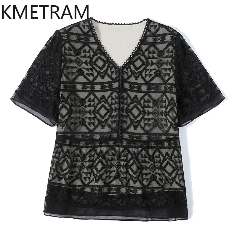 KMETRAM 100% Real Mulberry Silk T Shirts for Woman Fashion 2024 Casual Tops Summer Women Clothing Essentials Black Top Футболка