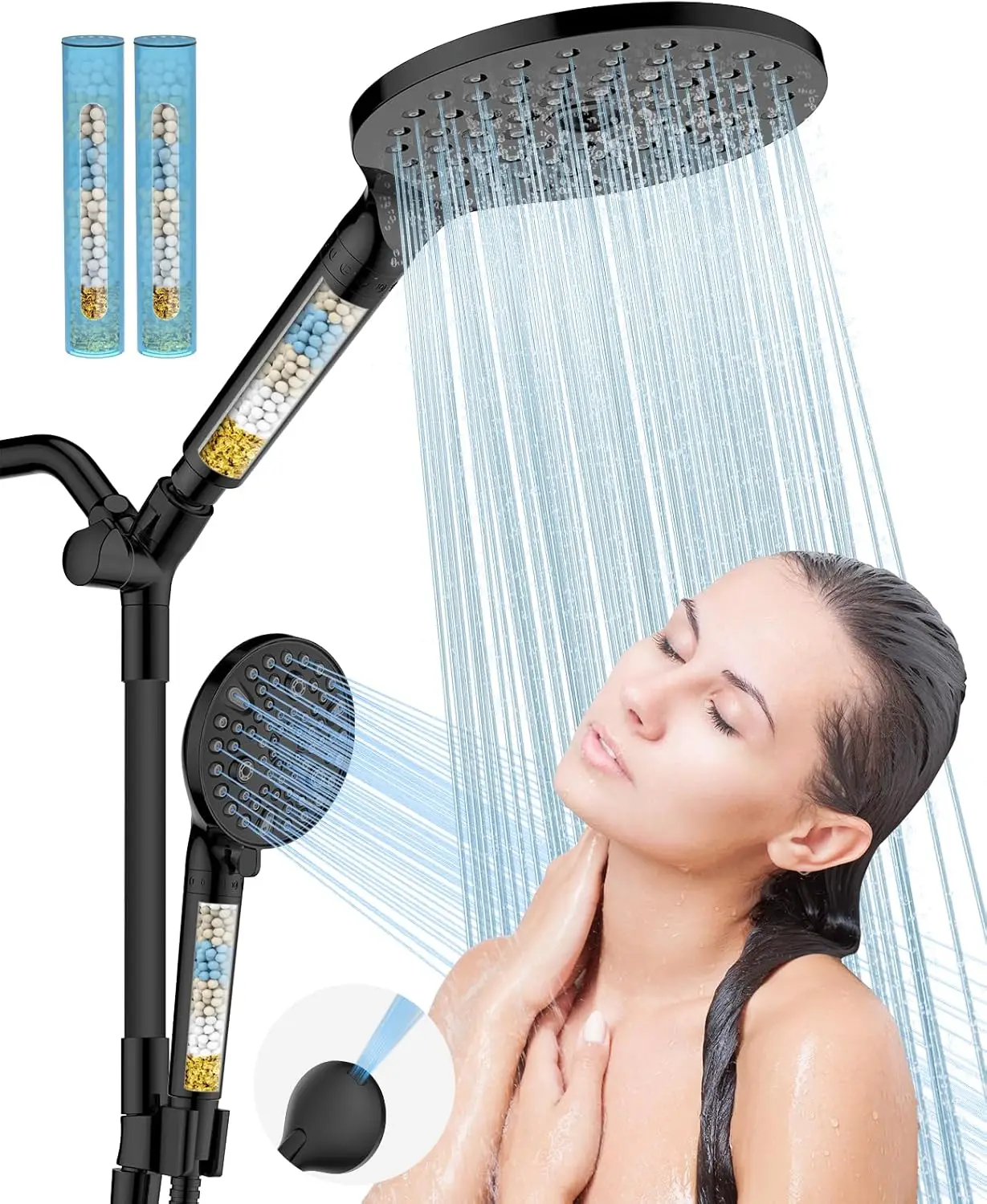 Dual Filtered Handheld Shower Heads Combo, 15-Mode High Pressure for Hard Water, Removes Chlorine, Improves Skin Hair Condition