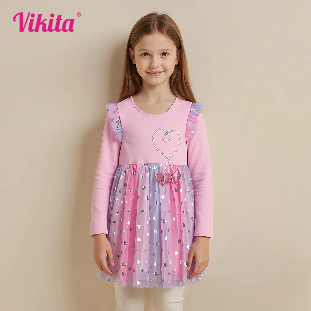 

VIKITA Children Clothing Girls Flare Sleeve Autumn Spring Pink Dress Kids Heart Shape Mesh Tulle Princess Party Casual Frocks