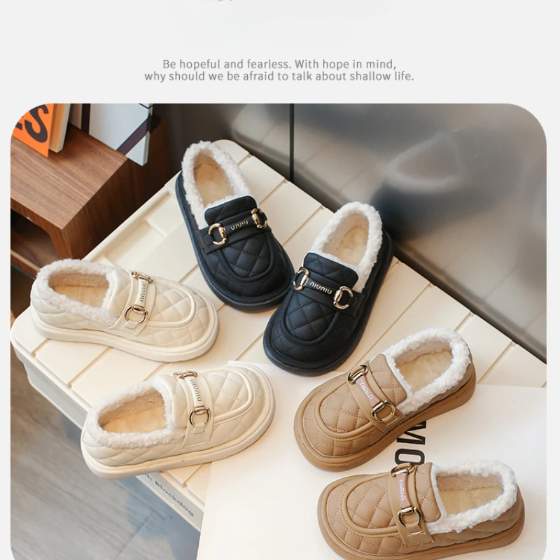 2024 Winter New Children's Princess Leather Shoes Girls' Hairy Cotton Soft Bottom Warm and Thickened Doudou Lefu Shoes