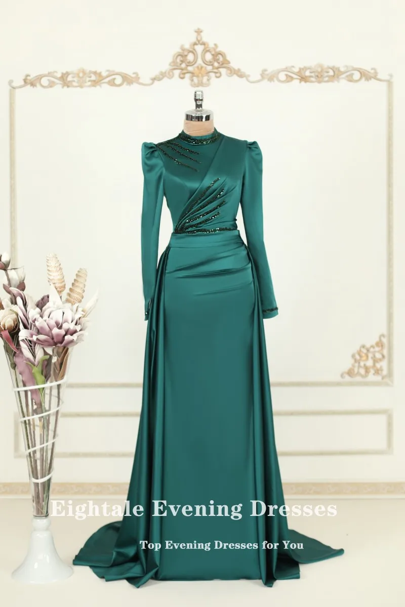 Eightale Muslim Evening Dress for Wedding Party Emerald Green Beaded Long Sleeve Prom Gown Customized Celebrity Dress abendkleid