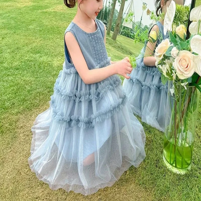 

Girls' Denim Sleeveless Mesh Dress 2026 Summer New, Princess Gown for Toddler Kids Breathable Casual Daily Wear