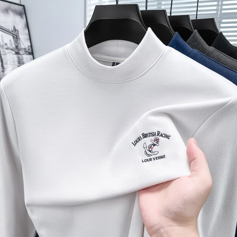 Luxury Man Long-Sleeved T-Shirt Mock Neck Letter Exquisite Pattern Embroidery Autumn Winter Keep Warm Versatile Leisure Menswear