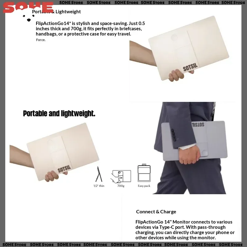 SOTSU 14-inch Portable Monitor CNC Craftsmanship Full Aluminum Alloy Body Office External Display Screen USB-C Direct Connection