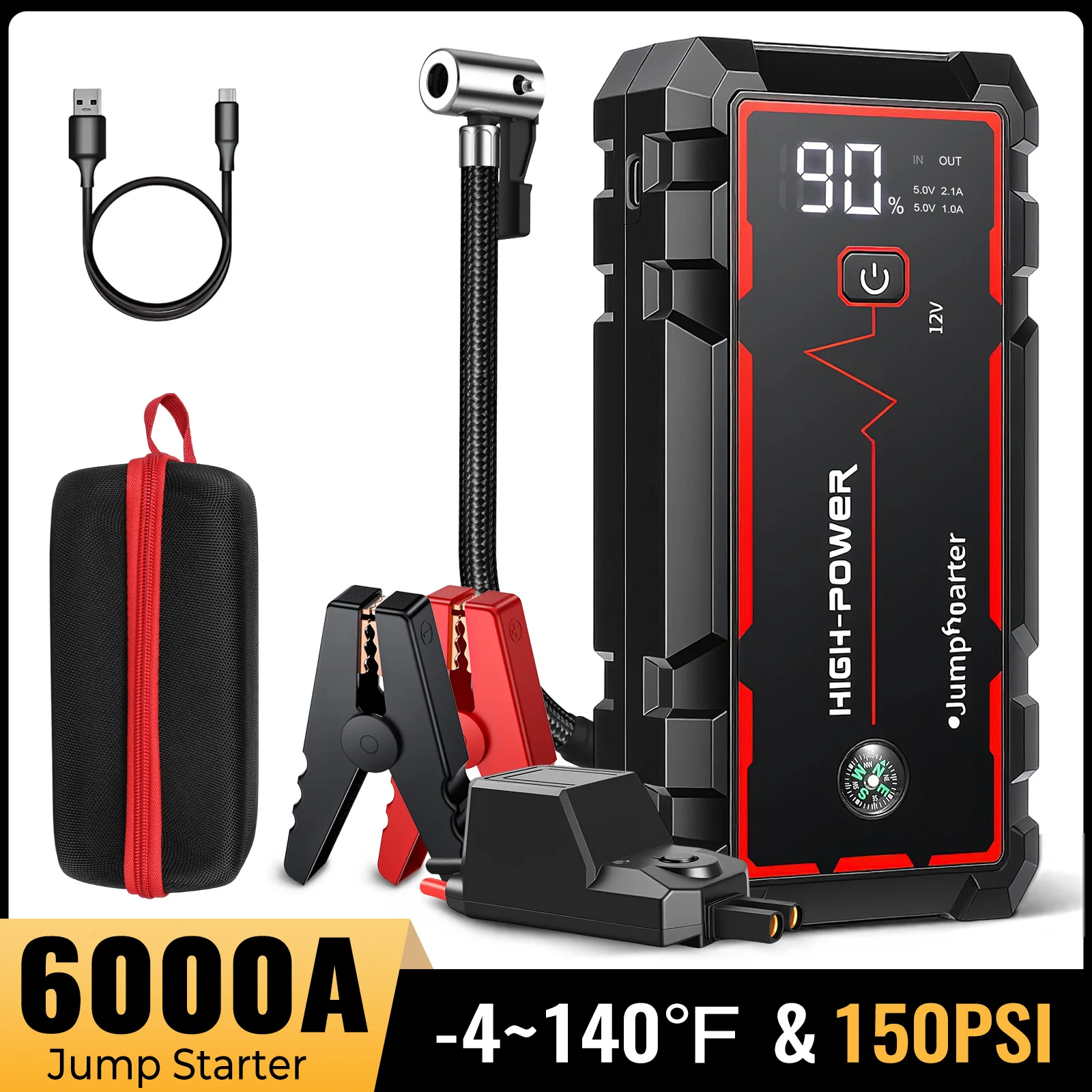 Urządzenie do uruchamiania samochodów 4-w-1 o pojemności 8000 mAh, przenośny kompresor powietrza 150 PSI, power bank z funkcją wspomagania akumulatora 12V oraz awaryjną latarką LED do samochodów