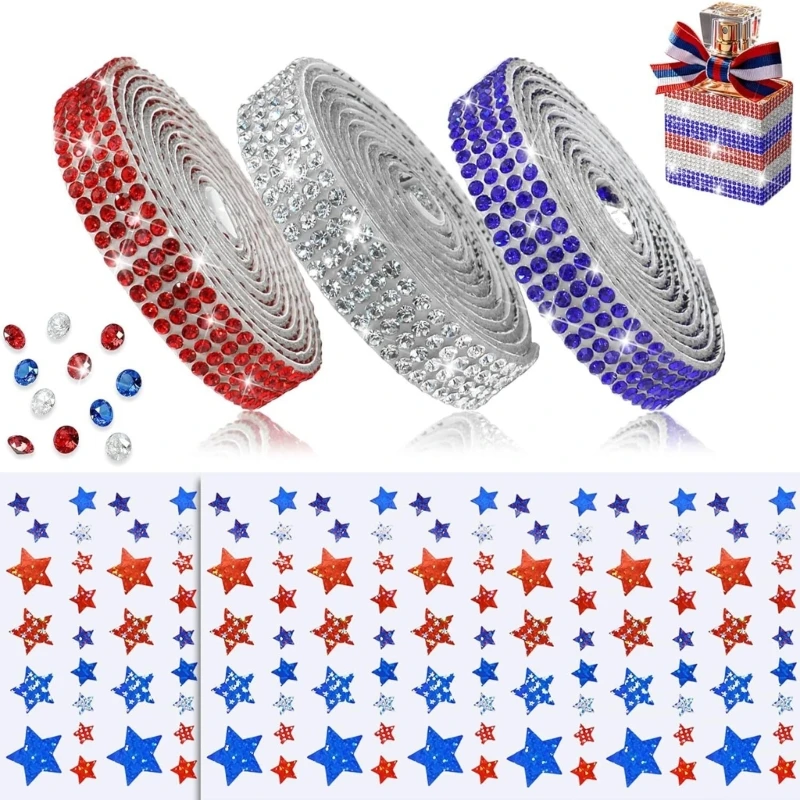 E65E Adhesive Rhinestones Ribbons Trim Set for Cards Wrap and Red White Blue Use