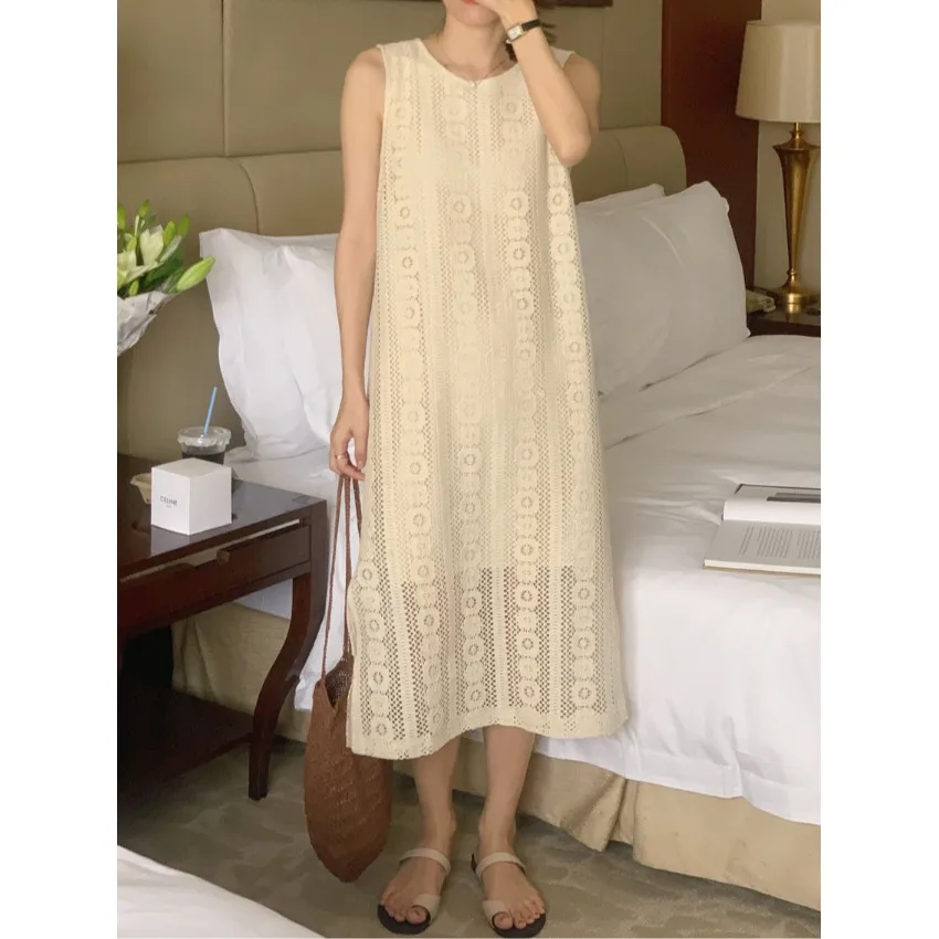 

Шикарное летнее нежное ретро-платье-жилет с круглым вырезом и ажурным кружевом, свободного кроя, в корейском стиле, для женщин, весна-осень-зима