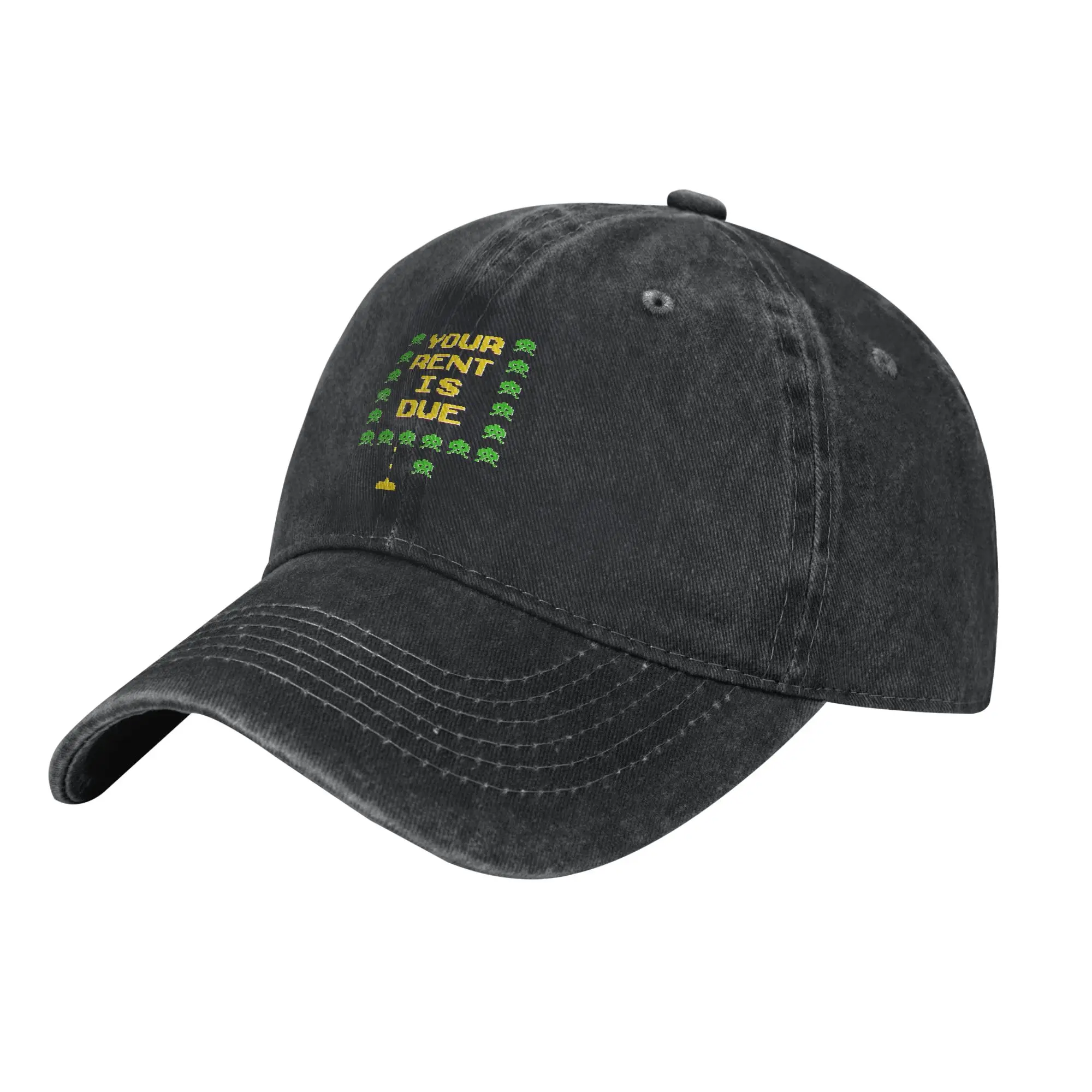 Space Invaders Men Women Baseball Caps Rent is due  Distressed Denim Washed Caps Hat Retro  Summer Unstructured Soft Headwear