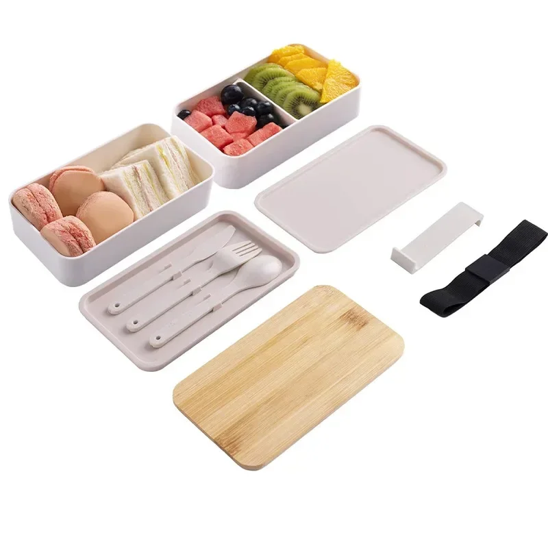 Wheat Straw Double Layer Bento Box Japanese Style Bamboo Lid Leakproof Lunch Container With Cutlery For Office Worker School Kid
