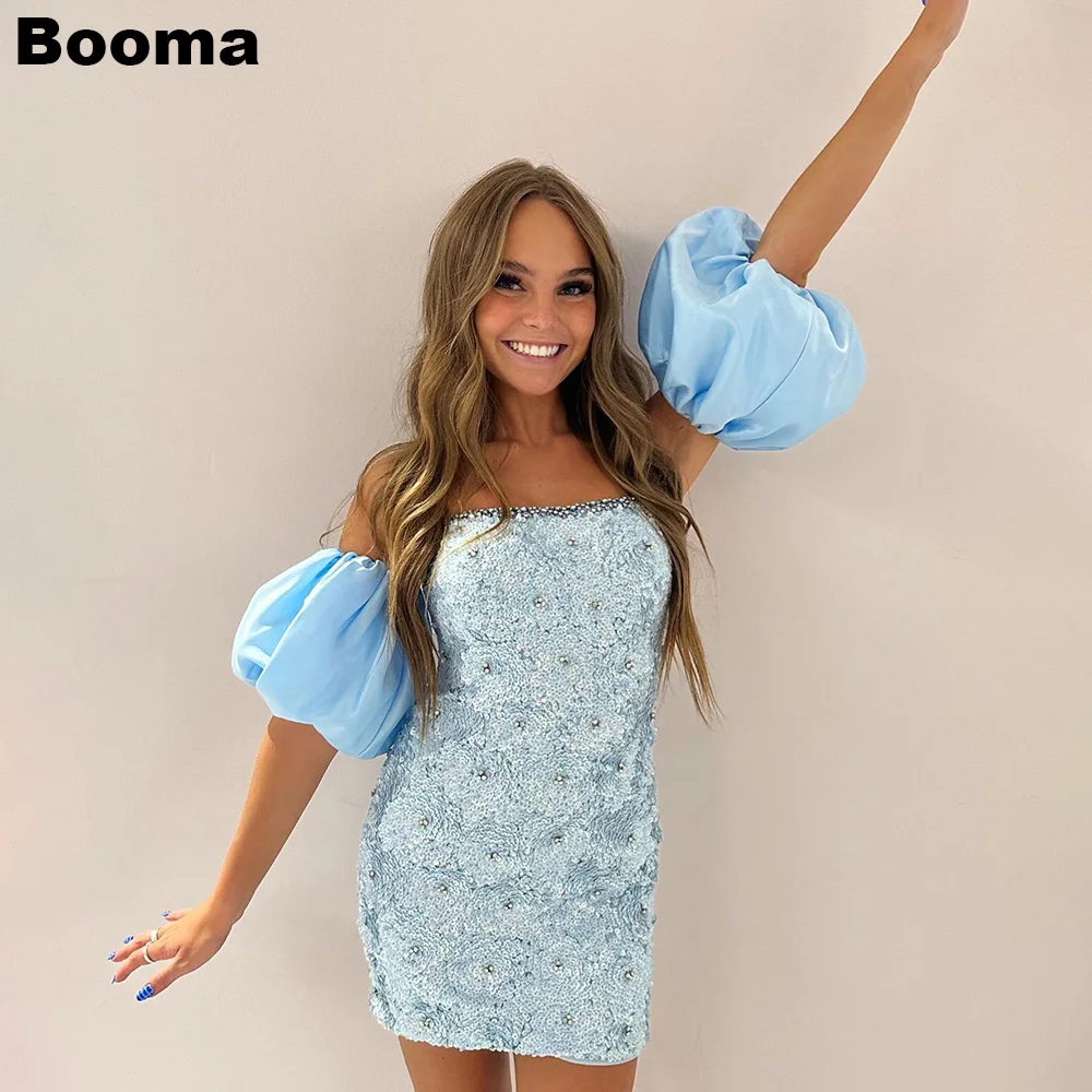 

Booma Mermaid Cocktail Dresses Strapless Puff Short Sleeves Beading Mini Prom Dresses Special Occasion Gowns Club Night Wear