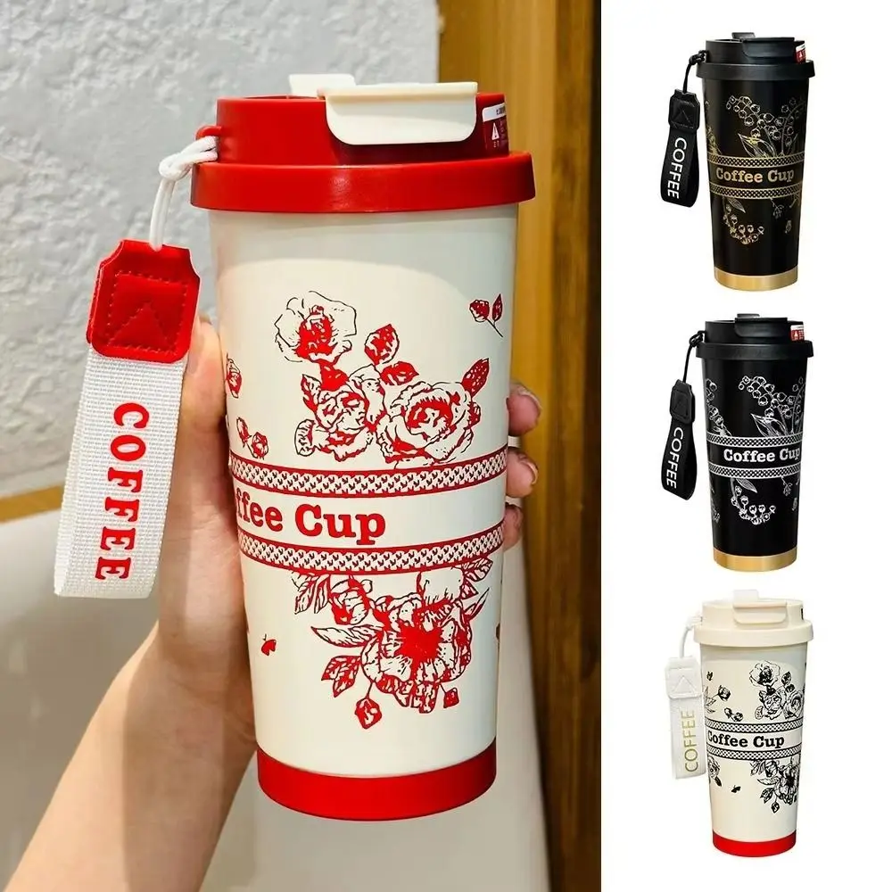 Valley Flower Cute Water Bottle With Straw Vacuum Insulated 316 Stainless Steel Coffee Cup With Straw 500ml Leakproof