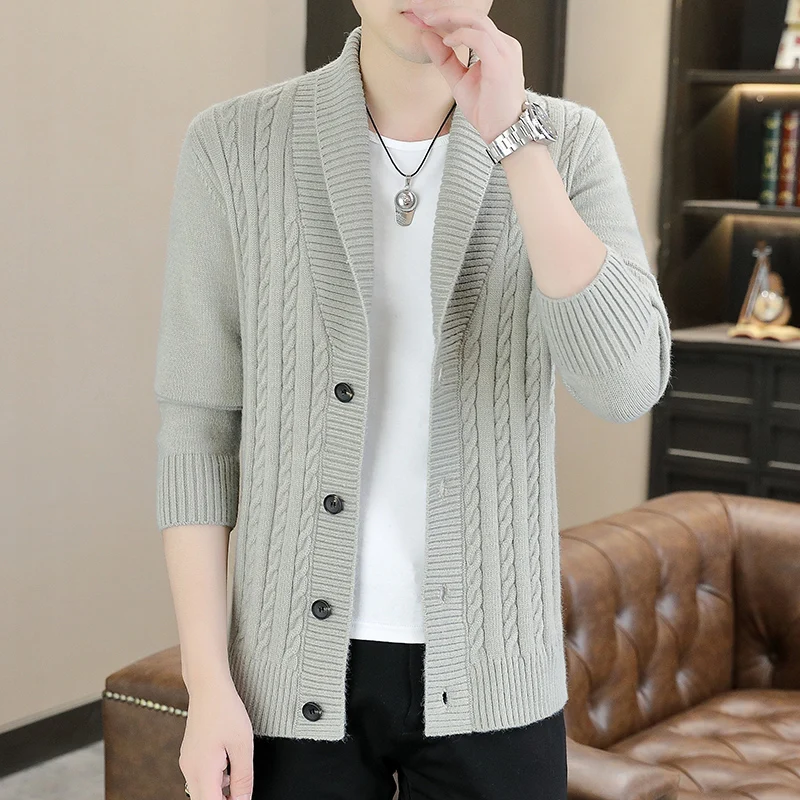 

Мужской повседневный вязаный кардиган на весну-осень с отложным воротником, модный свитер-куртка в молодежном стиле, из смесового полиэстера, с длинным рукавом