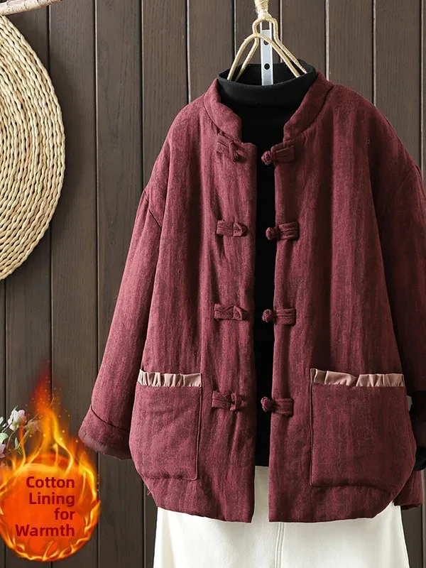 

Women's ort Cotton Jaet with Button Stand Collar Embroidered Thiened Winter Coat Straight Tube pe Long Sve Coat