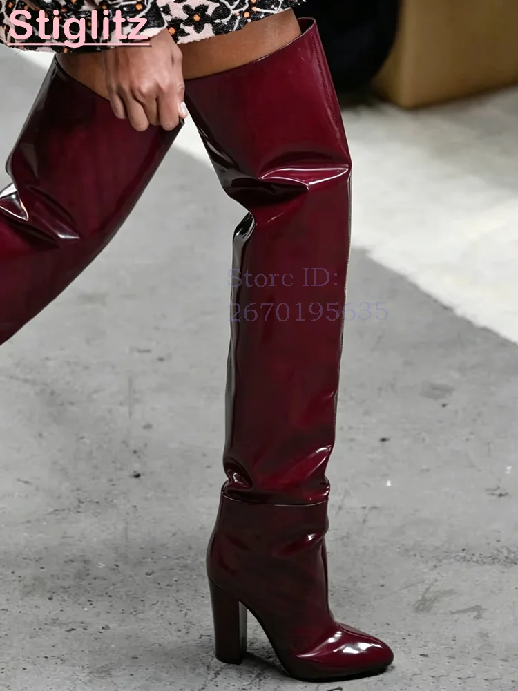 Retro Burgunderrote Overknee-Stiefel mit Spitzen Absatz und Quadratischem Absatz, Moderne Modenschuhe für Damen, Slip-on, Winter 2026
