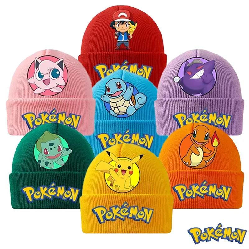 Pokemons Knitted Hat Pikachu Cartoon Anime Knit Cap Boys Girls Autumn Winter Warm Windproof Children's Hats Warmer Bonnet Gifts