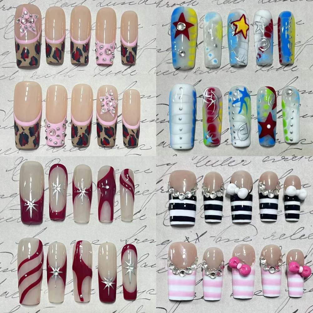 

Spice Girl Cartoon Rilakkuma Handmande Square Almond Wearable Fake Nail 3D Bowknot Flower Musical Notes Diamond Press On Nails