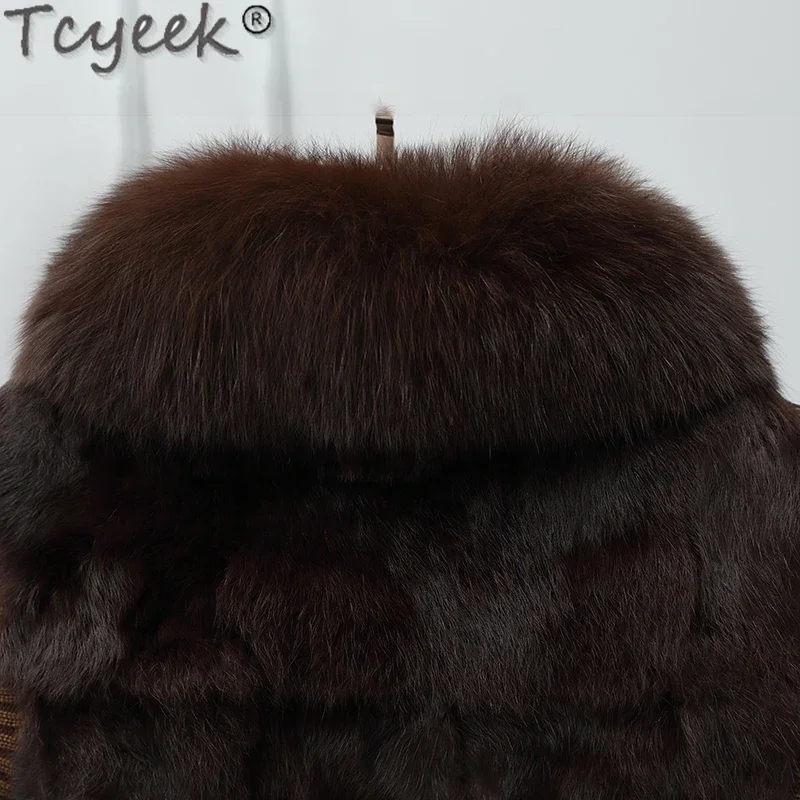 Tcyeek-Chaleco de piel de conejo Real para mujer, ropa de invierno, abrigo sin mangas, chaquetas de piel de estilo corto, cuello de piel de zorro cálido con cremallera