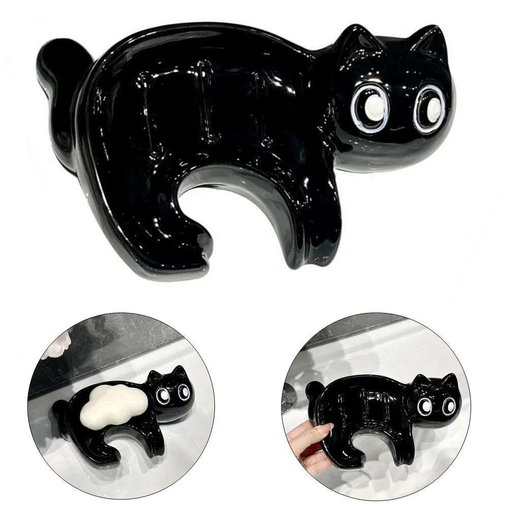 Cute Cat Drain Soap Holder Container Smooth Ceramic Toilet Soap Dish Case Tray Bathroom Accessories Washroom Tools Home Decor