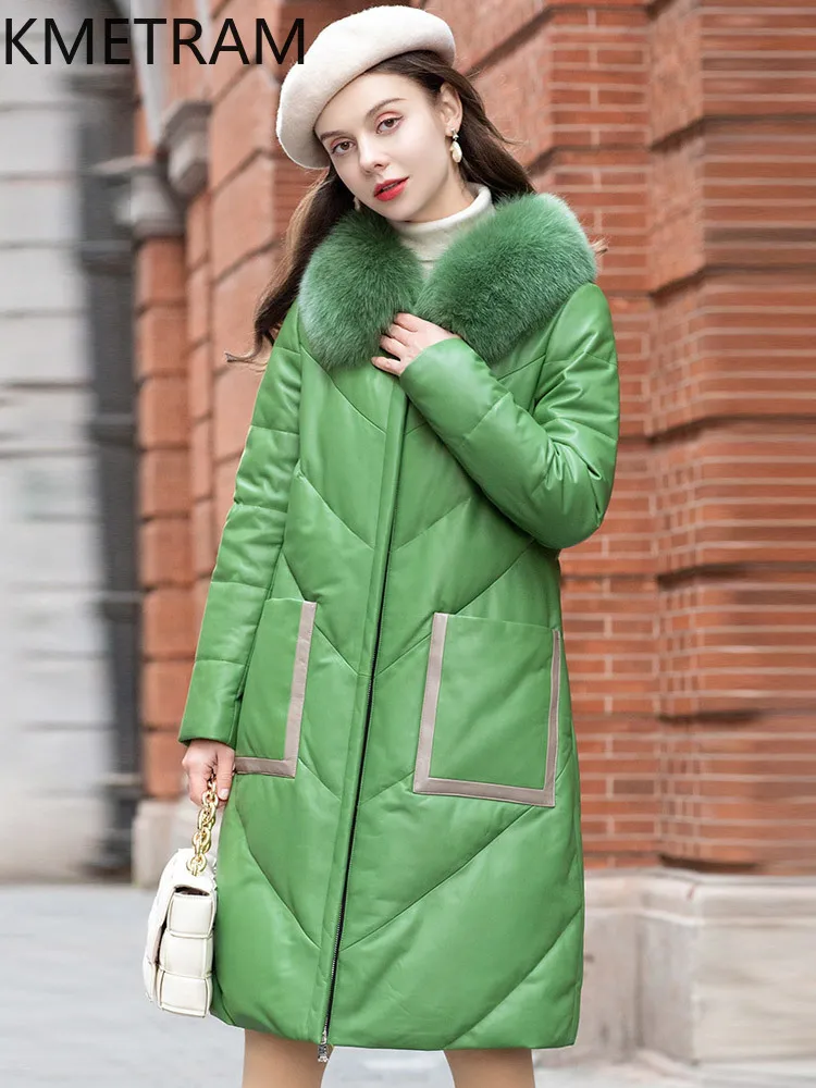 KMETRAM Natural Sheepskin Genuine Leather Down Jacket Women Fox Fur Collar Casual Green Outerwears 2025 Winter Long Coats пальто