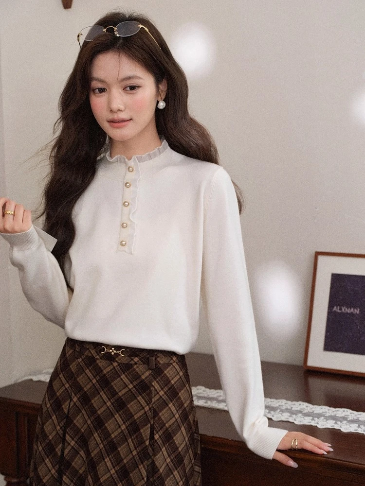 ALXNAN Abrikoos Trui Herfst Winter Parel Knoppen Stand Kraag Kant Patchwork Truien Slanke Gelaagdheid Gebreide Trui L59010